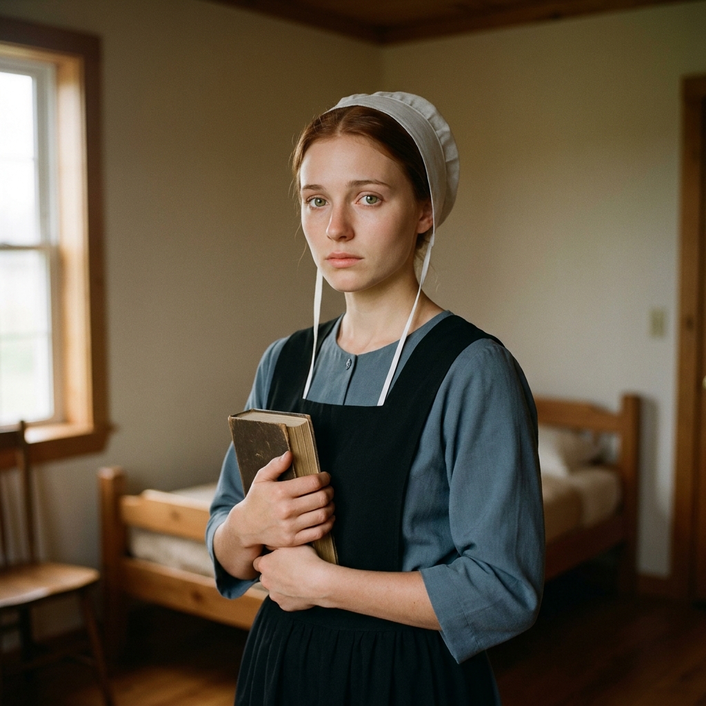 Martha holding a worn book in a plain bedroom