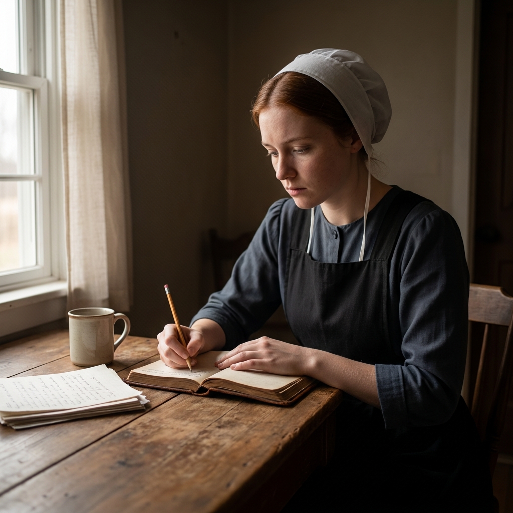 Martha writing in a notebook by a window